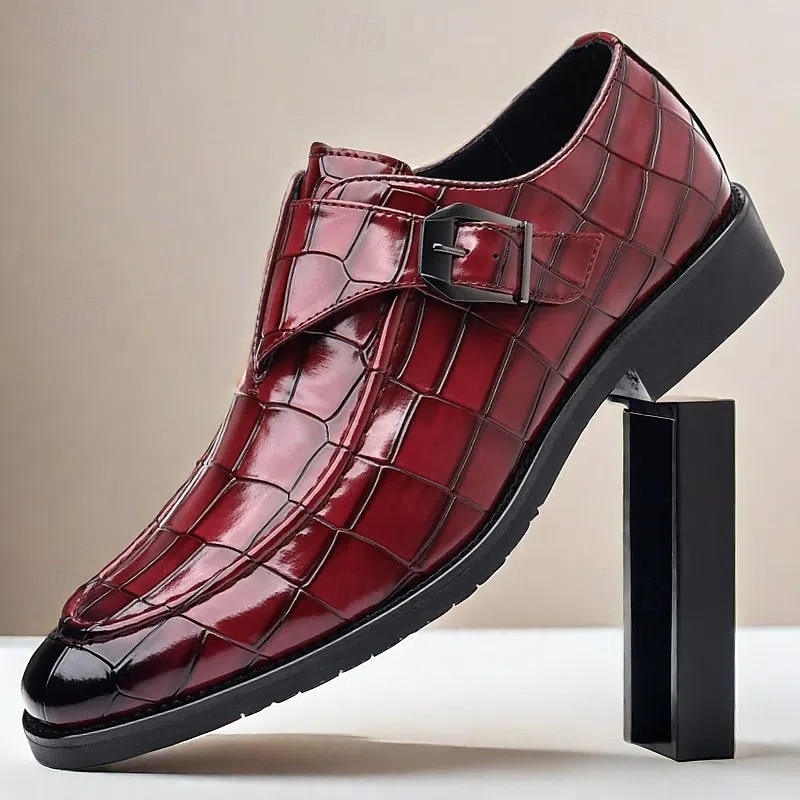 Men's Burgundy Crocodile Pattern Faux Leather Dress Shoes with Buckle, Elegant Footwear for Formal & Business Occasions