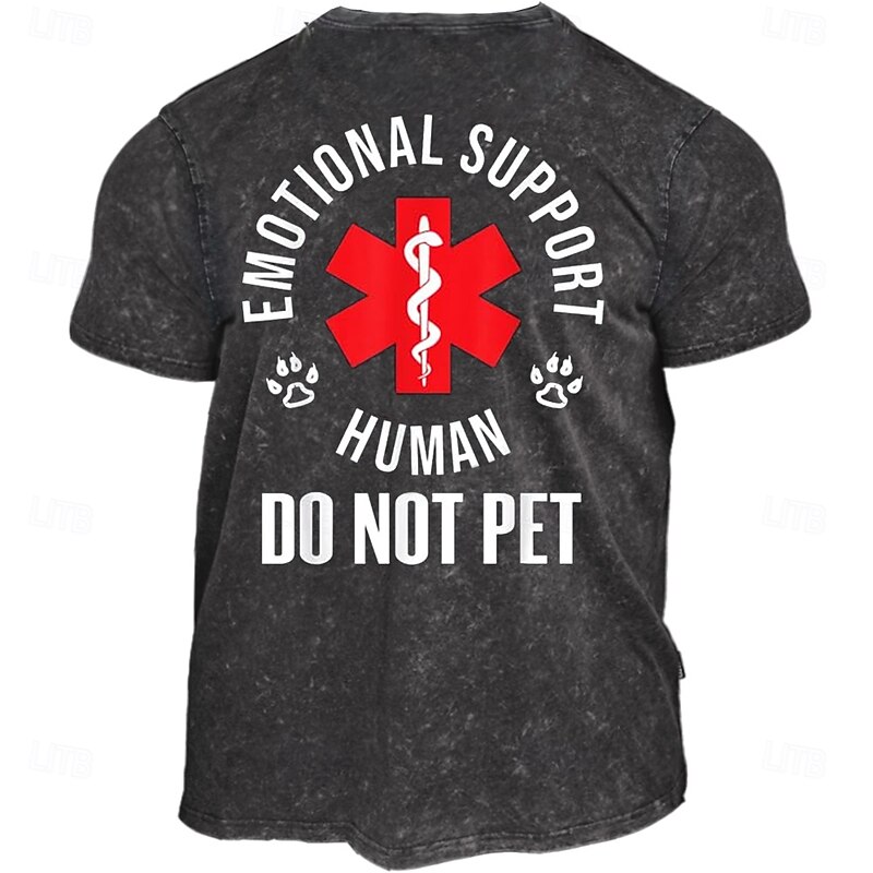 Men's Funny Emotional Support Human Do Not Pet Graphic T-Shirt, Pet Lover Humor Short Sleeve Vintage Wash Tee