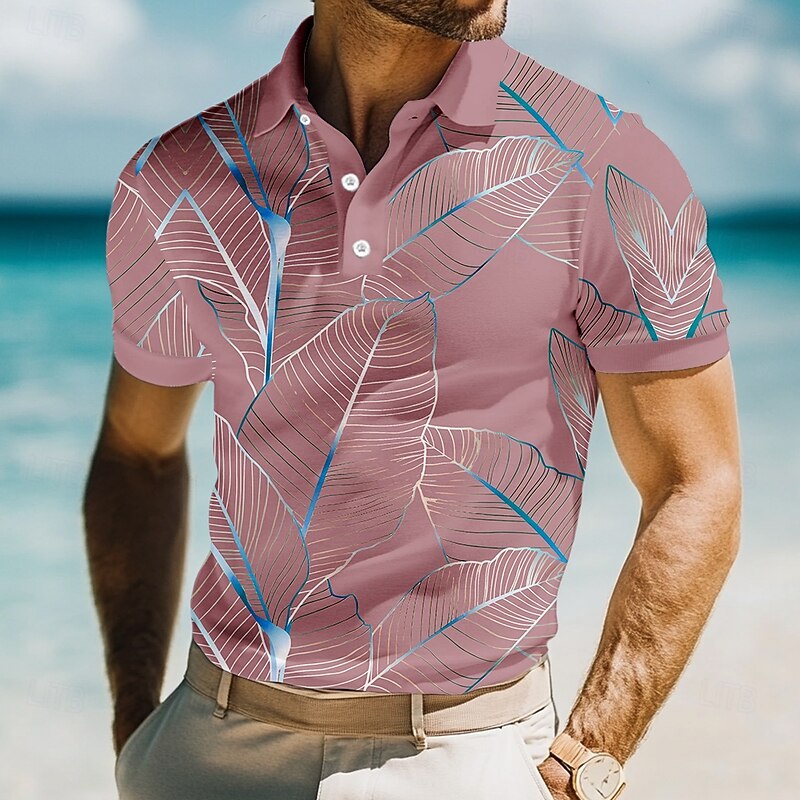 Men's Leaves Polo Short Sleeve Polo Shirts Collared Shirts Casual Resort School Outdoor Daily Wear Vacation Wear 3D Print Summer Spring Fall Lake blue Pink Blue4