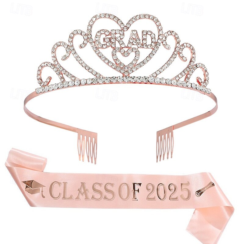 Graduation Party Supplies Kit, Glittered Metal Graduation Princess Grad Crown Tiara, Class of 2025 Graduate Sash, Rhinestone Letter Headpiece, Alloy Tiara and Sash Set