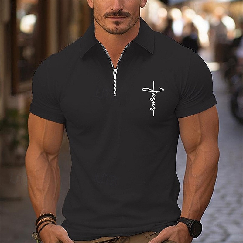 Men's Quarter Zip Polo Golf Shirt Daily Holiday Lapel Short Sleeve Fashion Basic Cross Print Summer Spring Regular Fit Black White Pink Navy Blue Light Sky Blue Quarter Zip Polo4