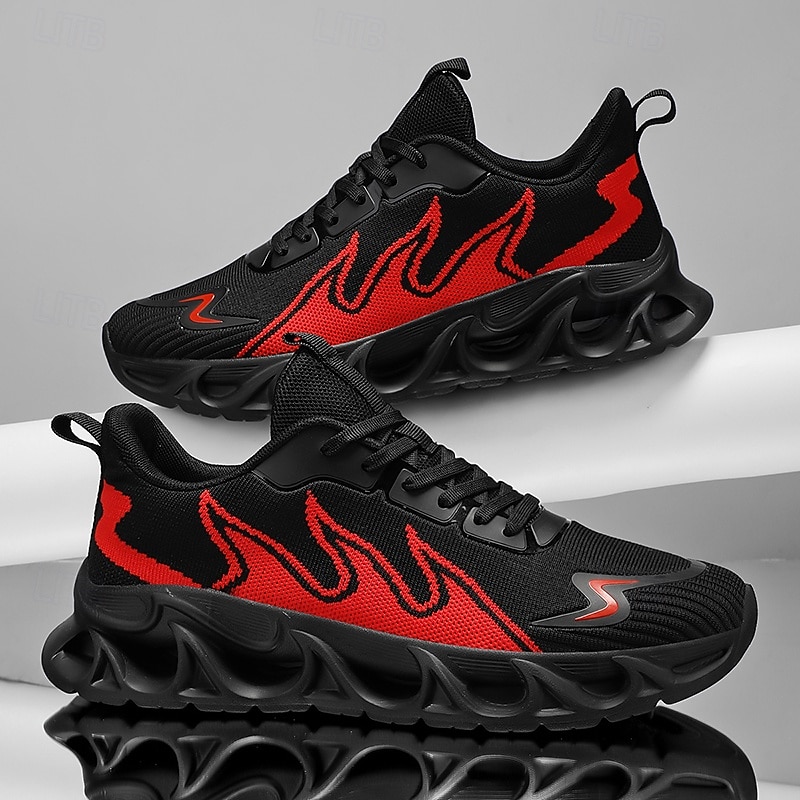 Men's Sporty Sneakers, Bold Flame Design in Black and Red, Athletic Shoes for Running and Gym3