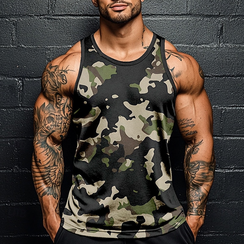 Men's Camo Camouflage T Shirt Vest Top Sleeveless T shirt 3D Print Crew Neck Shirt Vacation Casual Hawaiian Holiday Green 1# Green 2# Blue 2# Summer Spring Clothing Apparel S M L XL XXL XXXL