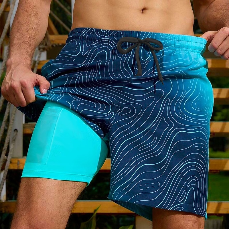Men's Geometric Gradient Color Lined Shorts 2 in 1 Board Shorts Swim Shorts Mid Waist Hawaiian Vacation Holiday Beach Wear Side Pockets With Compression Liner Elastic Drawstring Waist Designer