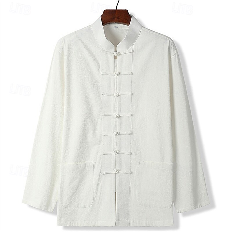 Men's Shirt Linen Shirt Casual Shirt Button Up Shirt Cotton Shirt Plain Vacation Hawaiian Black White Navy Blue Dark Green Long Sleeve Stand Collar Spring &  Fall Clothing Apparel Button-Down2