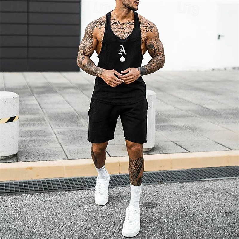 Men's Tracksuit Outfit Set Shorts Deep U Outdoor Daily Sports Pocket Drawstring 2 Piece Poker Black Yellow Grey Polyester Activewear Classic Casual Summer2