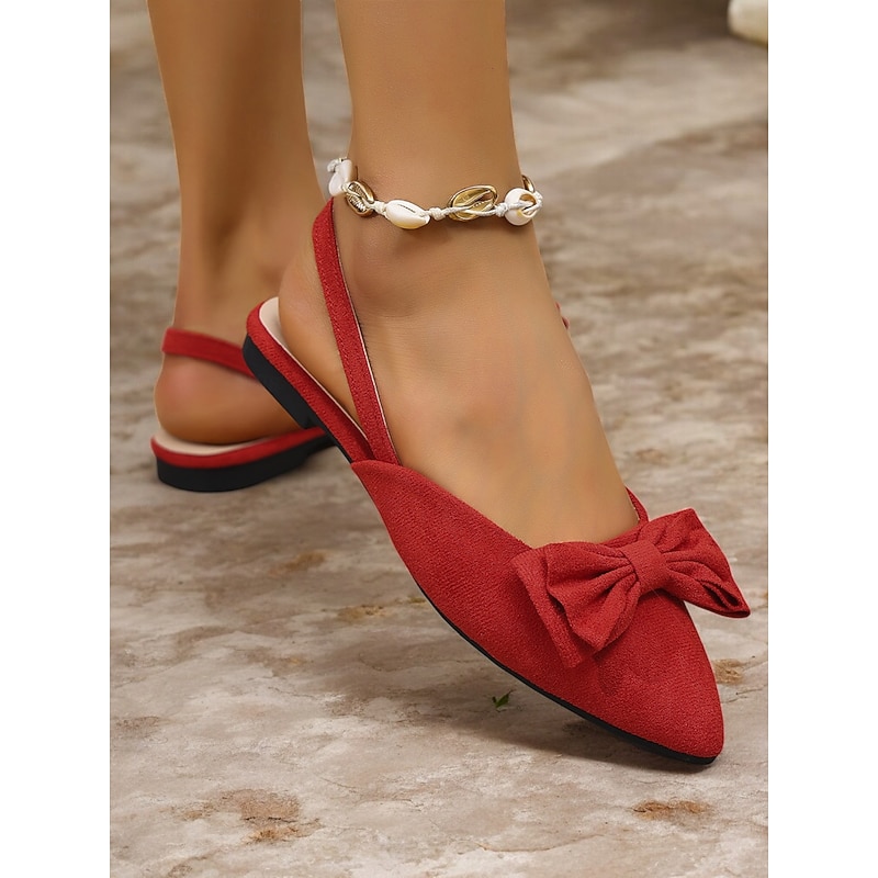 Women's Red Bow Pointed Toe Slingback Flats – Elegant Suede Ballet Shoes for Casual Wear, Work, and Special Occasions3