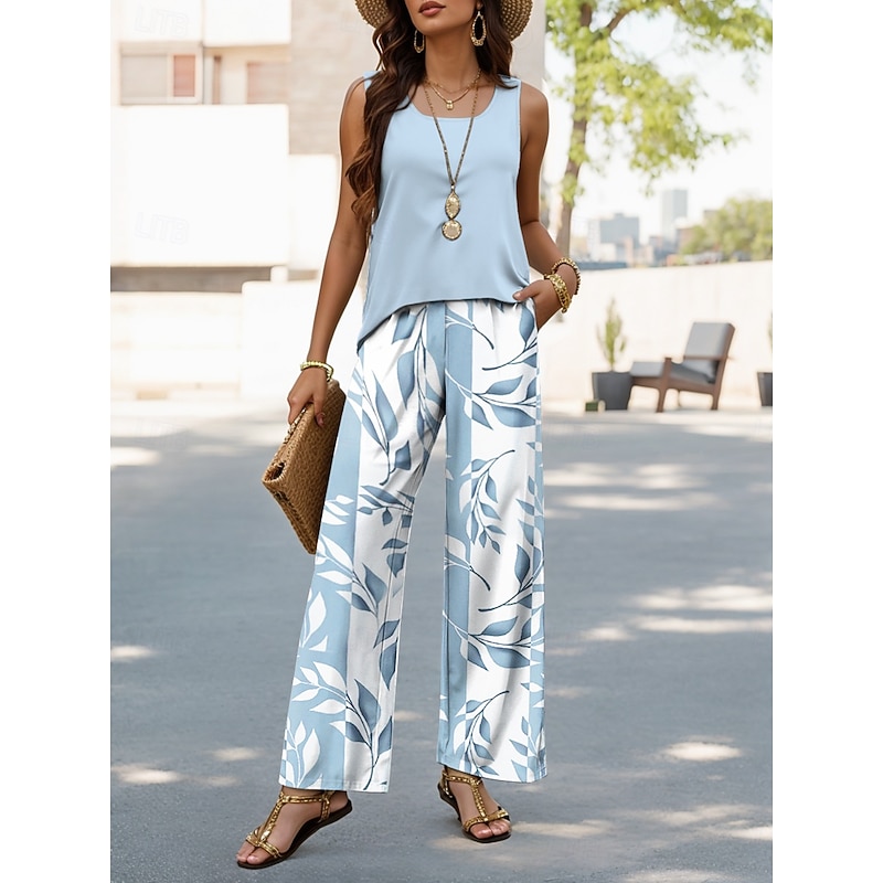 Women's Pants Sets Vacation Fashion Daily  Sleeveless U Neck Graphic Geometric Casual Daily Weekend Blue Green Khaki Summer Regular Fit4