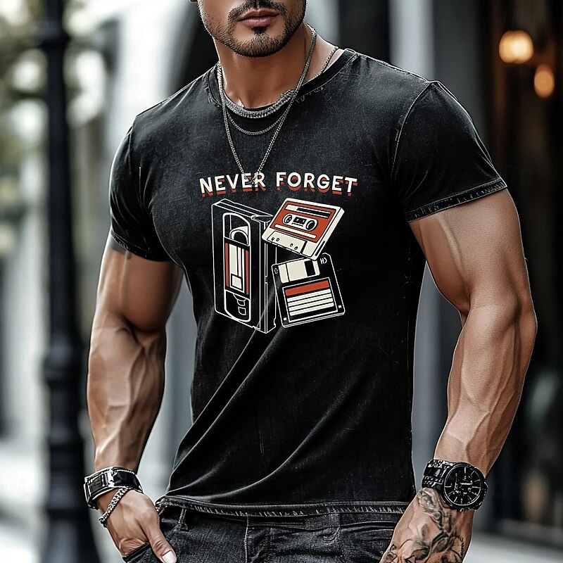 Men's Graphic T-Shirt NEVER FORGET Retro Tech Short Sleeve with VHS Cassette Floppy Disk Nostalgia Print