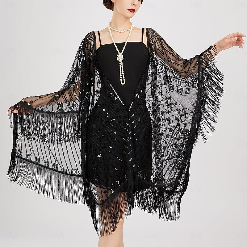 Retro Vintage Roaring 20s 1920s Scarf Wrap Shawls The Great Gatsby Flapper Girl Sequins Tassel Fringe Fancy Dress Women's Carnival Wedding Evening Party Masquerade Adults' Shawl