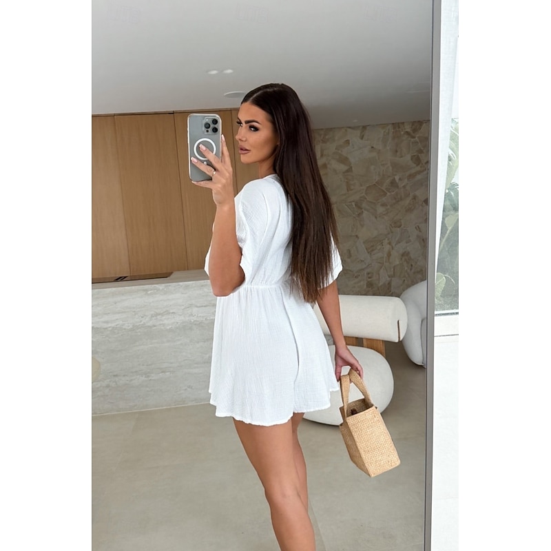 Women's Romper Casual Solid Color Half Sleeve T-shirt Sleeve V Neck Elastic Waist High Waist Daily Regular Fit Black White Pink Summer2