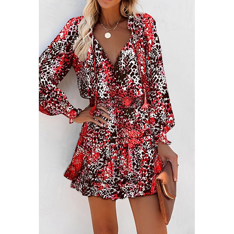 Women's Mini Dress Petite Dress Print Dress Fashion Daily Holiday Going out Regular Fit Flower Long Sleeve V Neck Black Red Khaki Rose Red Summer4