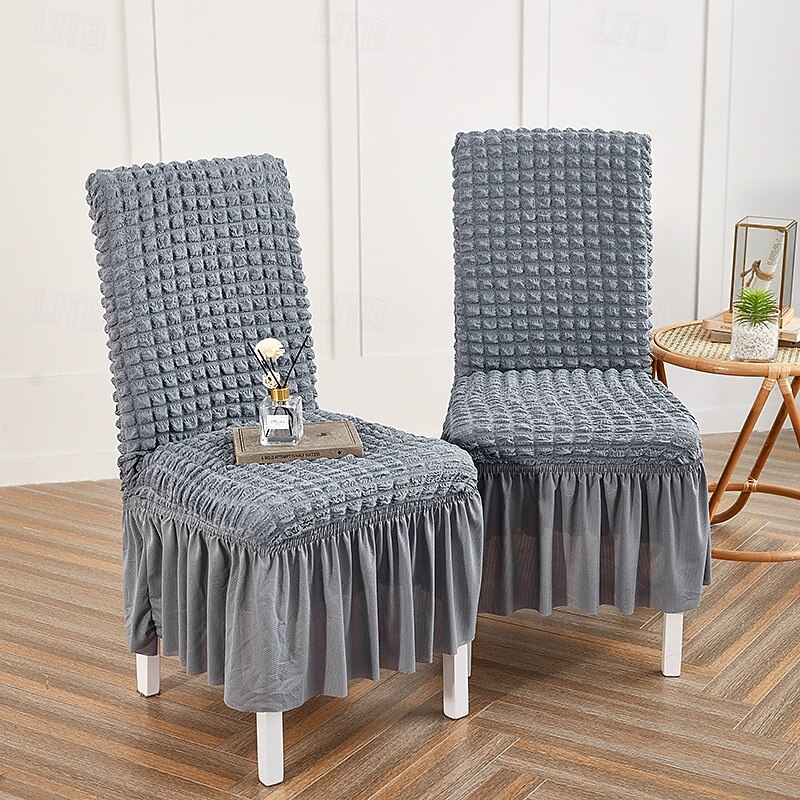 Dining Chair Covers, Stretch Chair Cover Removable Washable Chair Slipcover Dining Room Solid Color Little Plaid with Skirt Banquet Chair Covers Polyester