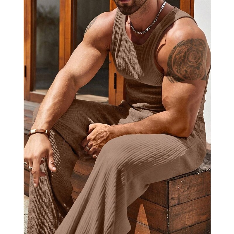 Men's T-shirt Suits Undershirt Shirt and Pant Sets 2 Pieces Outfits Sleeveless Crewneck Summer Plain Fashion Casual 2 Piece Vacation Daily Wear Going out Black Brown Khaki Top Tee for Men4