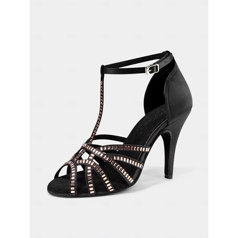 Women's Black Rhinestone T-Strap Latin Dance Shoes – Professional Ballroom Performance Heels4
