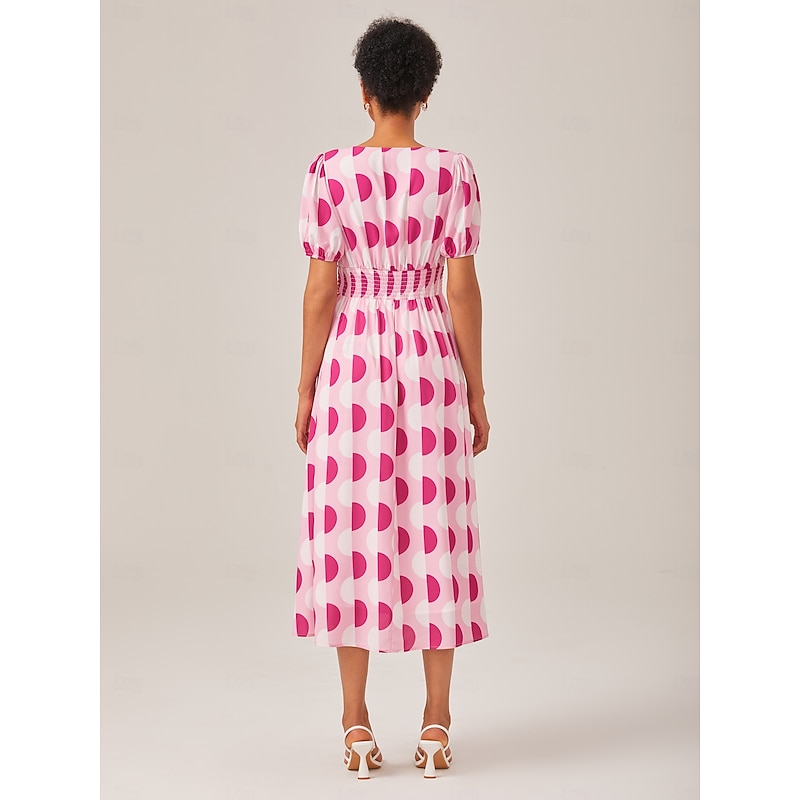 Pink Polka Dot Geometric Print Cinched Waist Dress2