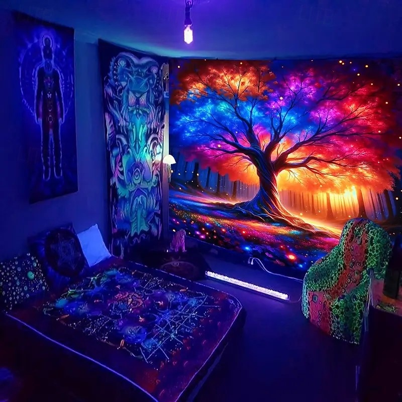 Blacklight Tapestry Glow in the Dark Glow Party UV Reactive Tree of Life Trippy Misty Nature Landscape Hanging Tapestry Wall Art Mural for Living Room Bedroom