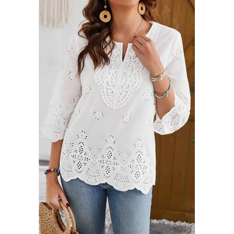 Women's Lace Shirt Blouse Plain Modern Casual 3/4 Length Sleeve V Neck Regular Tops Holiday Going out Lace Black White Summer
