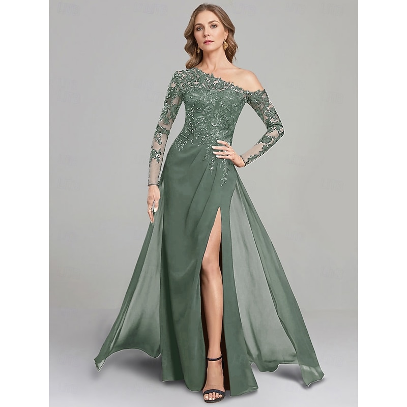 Sheath Dress Mother of the Bride Dress Formal Elegant One Shoulder Floor Length Chiffon Long Sleeve with Lace Solid Color