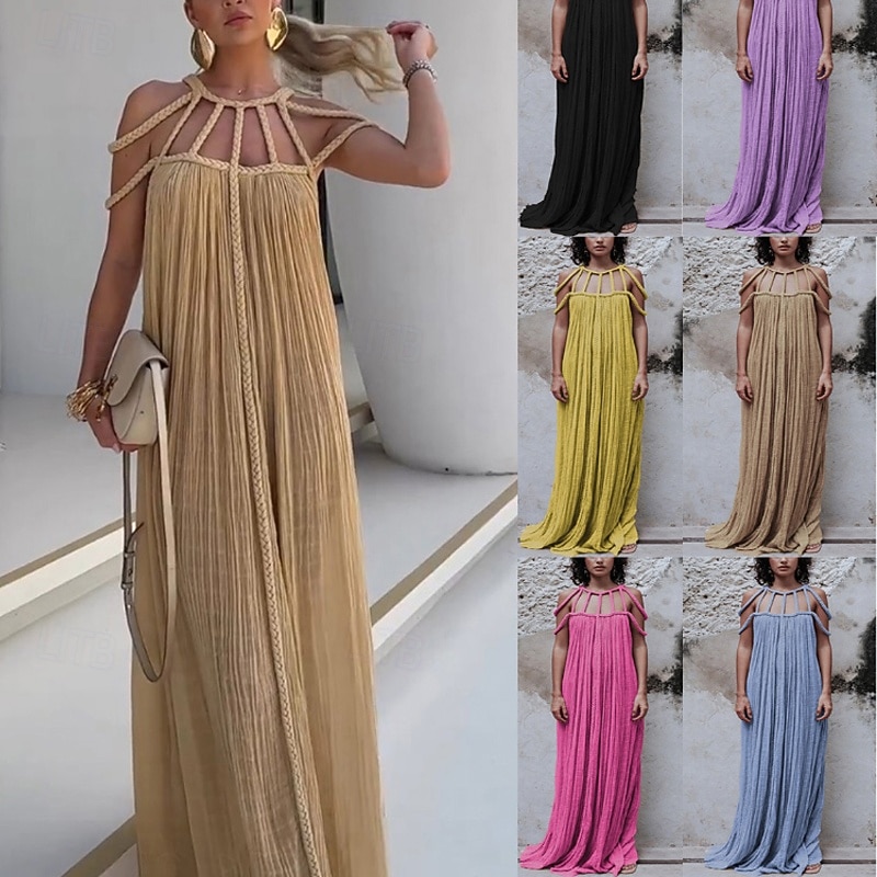 Women's Long Dress Maxi Dress Cocktail Dress Fashion Holiday Tea Party Going out Regular Fit Plain Sleeveless Crew Neck Black Yellow Blue Purple Summer