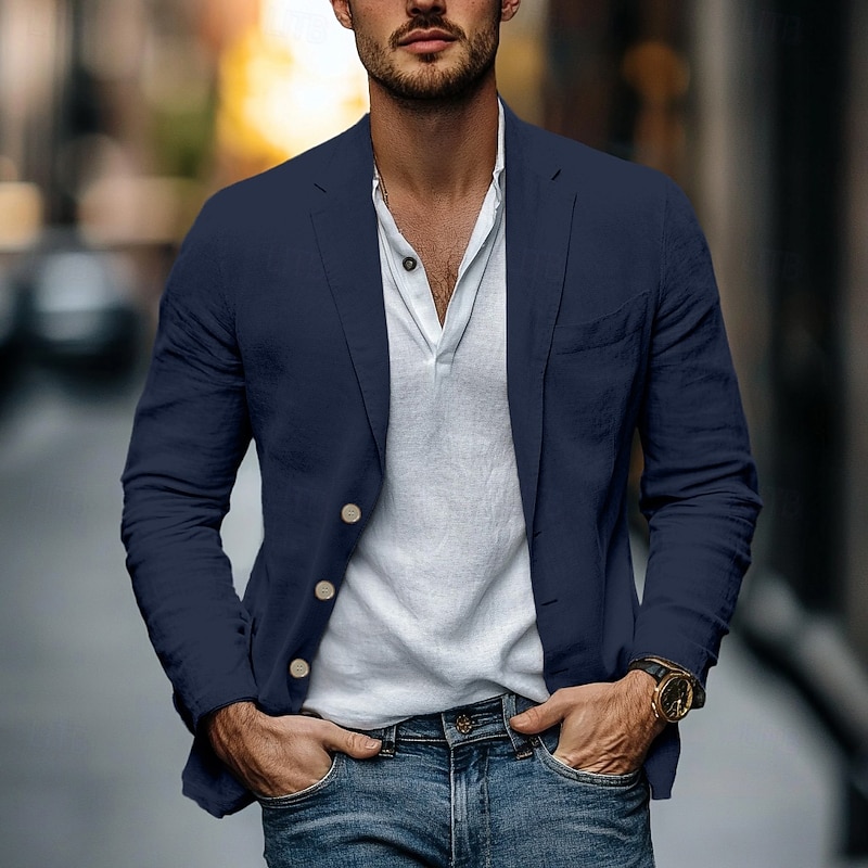 Men's Lightweight Jacket Blazer Jacket Formal Office Fashion Daily Spring & Summer Cotton And Linen Solid Color Comfy Single Breasted Blazer Light Green Navy Blue Brown Beige2