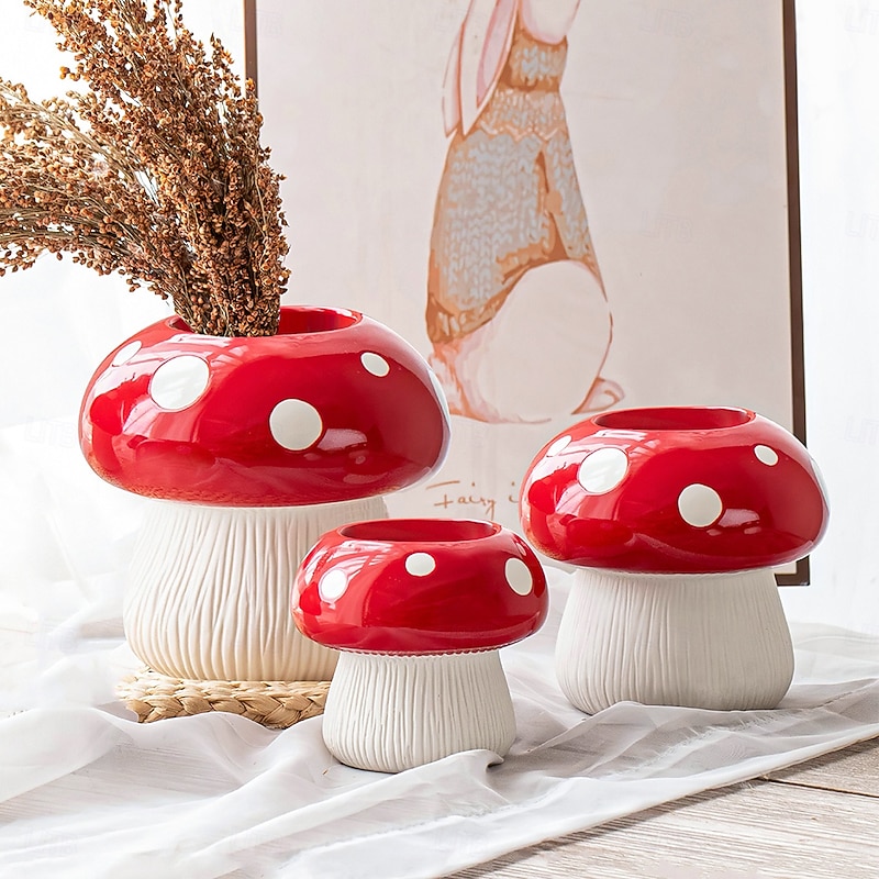 Red Mushroom Shaped Flower Vase with White Dots, Colorful Resin Tabletop Planter, Decorative Hydroponic Vase for Home, Hotel, and Restaurant Decor3