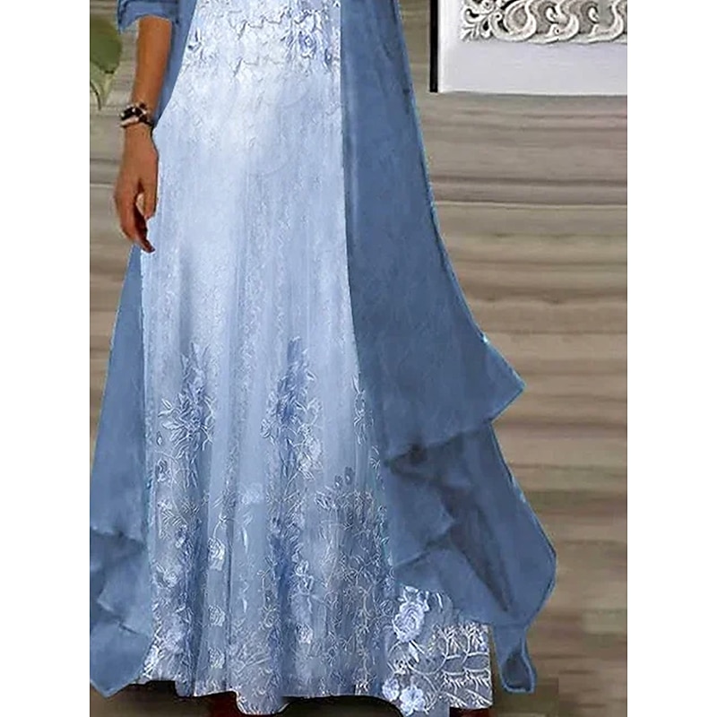 Women's Dress Set Maxi Dress A Line Dress Summer Dress Vacation Boho Ombre Floral Print 3/4 Length Sleeve Crew Neck Outdoor Daily Blue Summer Spring Loose Fit3