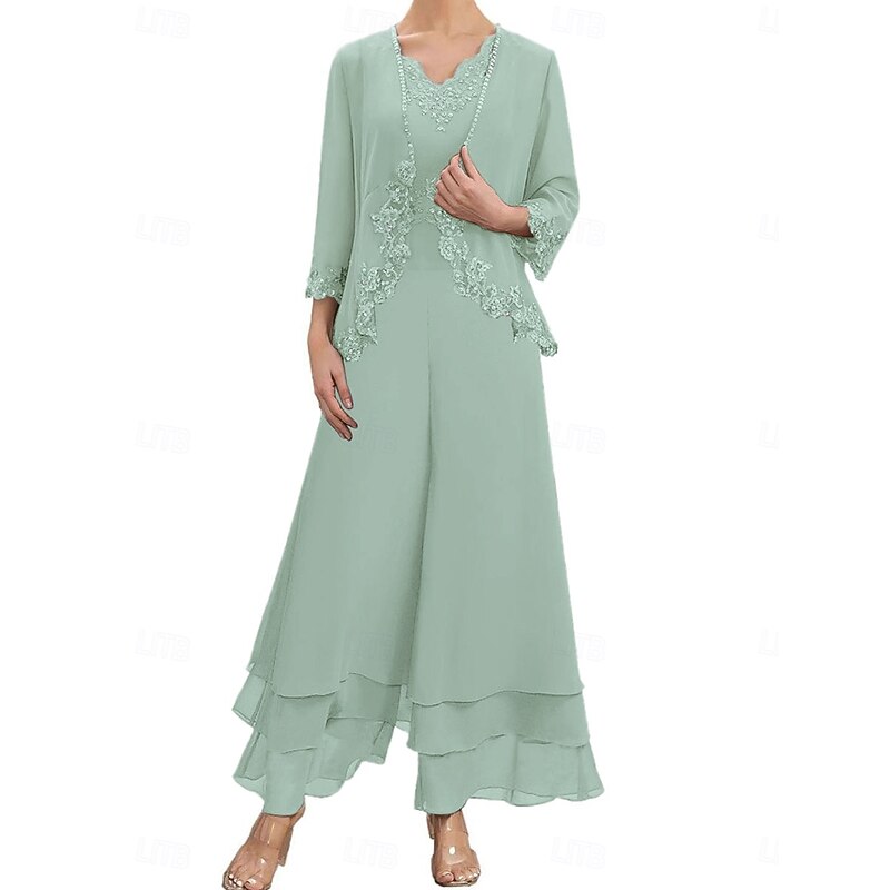 Dress Sets Mother of the Bride Dress Wedding Guest Elegant Simple V Neck Floor Length Polyester Long Sleeve with Embroidery3