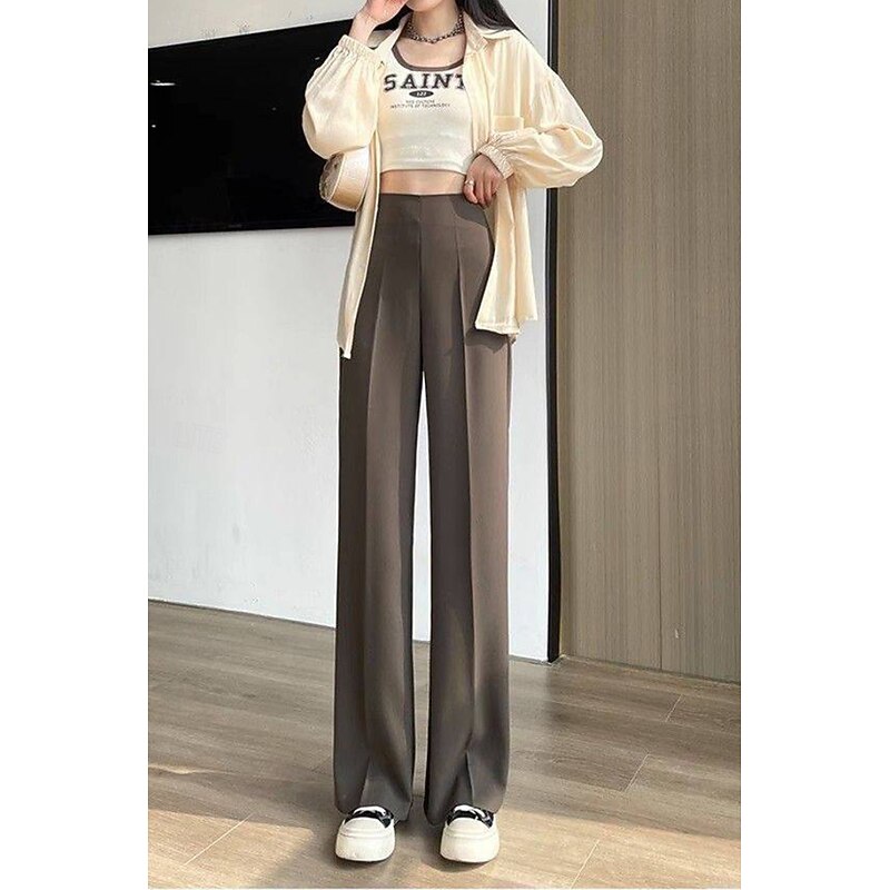 Women's Dress Pants Streetwear Casual Full Length Natural Plain Pocket Elastic Drawstring Design Breathability Soft Comfortable Micro-elastic Casual Going out Black White Coffee Summer Regular Fit2