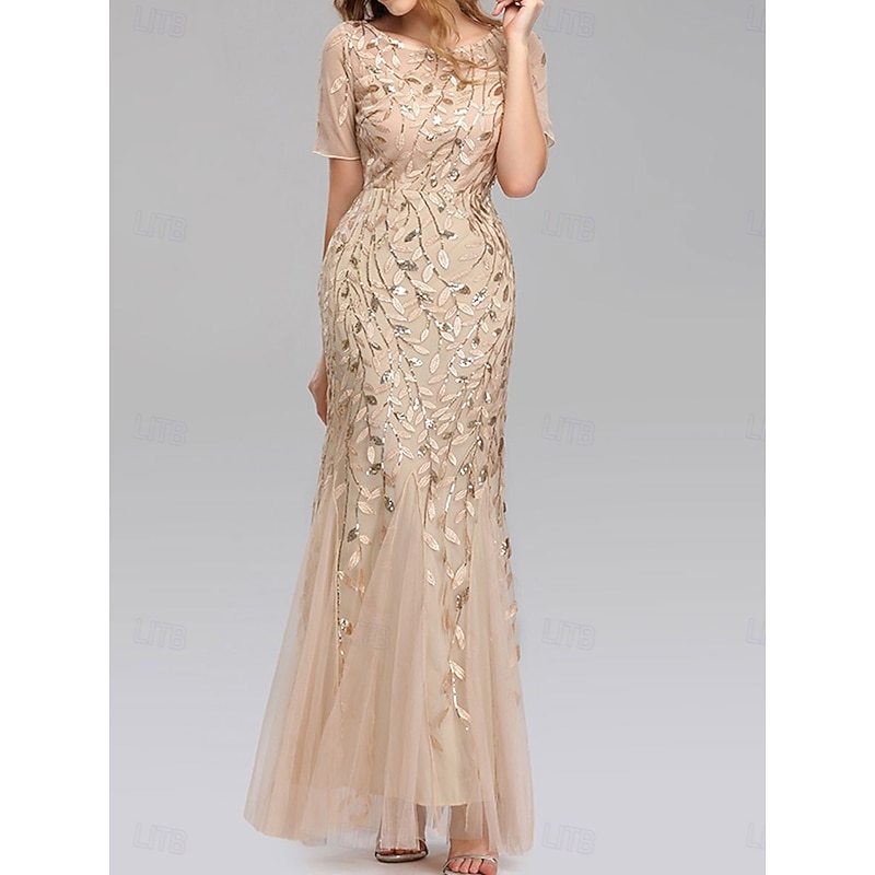 Mermaid / Trumpet Wedding Guest Dresses Elegant Dress Wedding Guest Birthday Floor Length Short Sleeve Crew Neck Tulle with Sequin Embroidery4