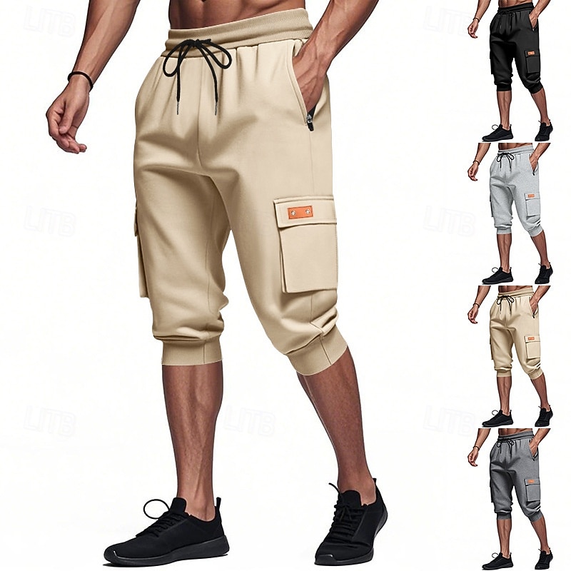 Men's Capri Cargo Shorts Sweat Shorts Shorts Running Shorts Casual Shorts Drawstring Elastic Waist Multi Pocket Plain Comfort Breathable Calf-Length Daily Running Gym Casual Athleisure Black Khaki