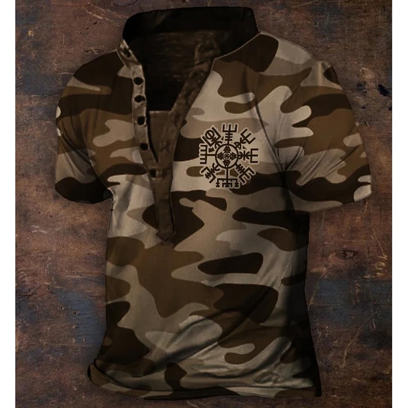 Men's Camouflage T Shirt Henley Shirt Tee Short Sleeve Designer Basic Classic Outdoor Daily Sports Summer Dark Brown Blue Green Henley Henley T-Shirt3