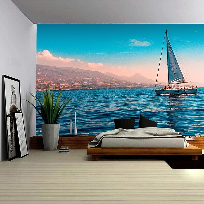Landscape Ocean Hanging Tapestry Wall Art Large Tapestry Mural Decor Photograph Backdrop Blanket Curtain Home Bedroom Living Room Decoration Boat Sailing