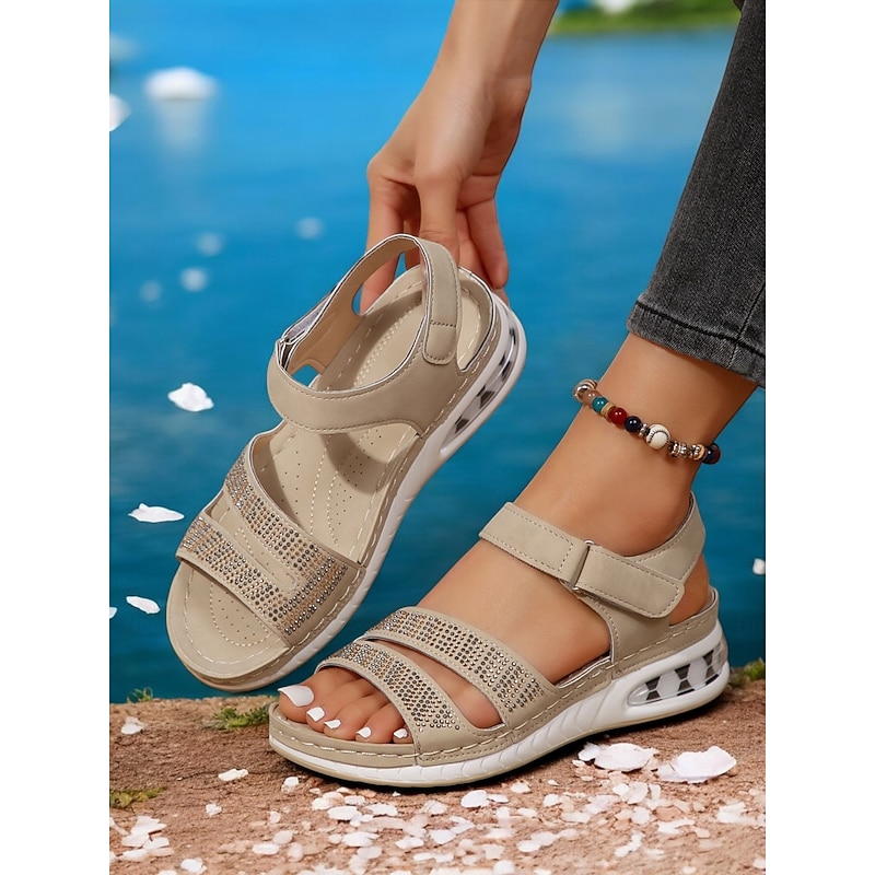 Women's Rhinestone-Embellished Air Cushion Sandals - Adjustable Velcro Open-Toe Comfort Shoes for Casual & Outdoor Wear - Main Image