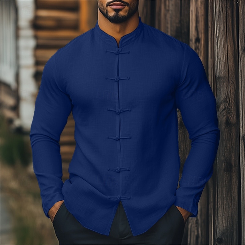 Men's Shirt Linen Shirt Summer Shirt Solid Color Vacation Street White Yellow Navy Blue Long Sleeve Clothing Apparel