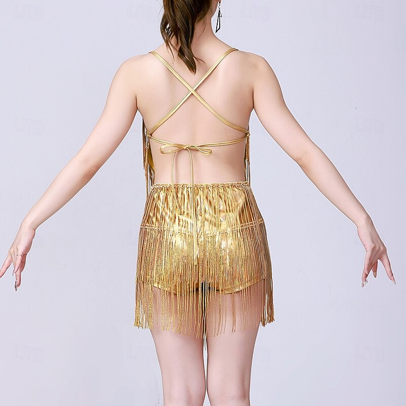 Latin Dance Leotard / Onesie Cinch Cord Tassel Hollow-out Women's Performance Training Sleeveless High Polyester Taffeta3