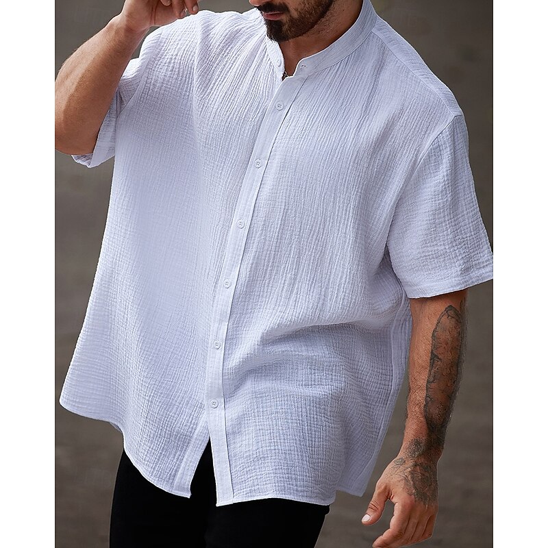 Men's Cotton Linen Shirt Plain Vacation White Short Sleeve Grandad Collar Summer Clothing Apparel3