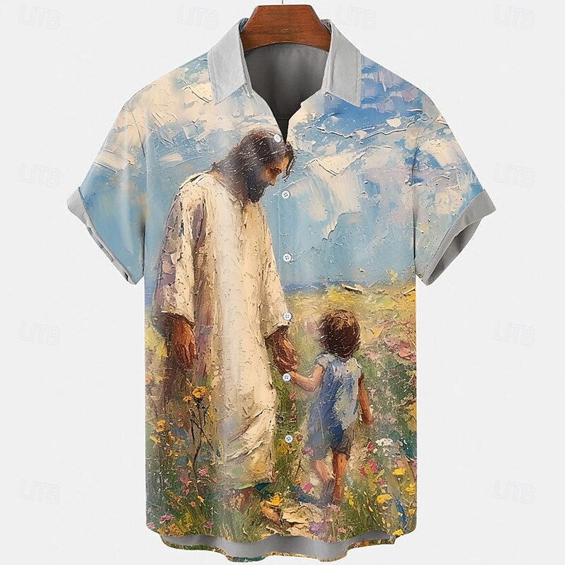 Easter Men's Templar Cross Floral Print Jesus Shirt Casual Shirt Button Up Shirt Short Sleeve Vintage Retro Vacation Holiday Festival Summer Spring Turndown 3D Print Collared Shirts Blue Light Blue