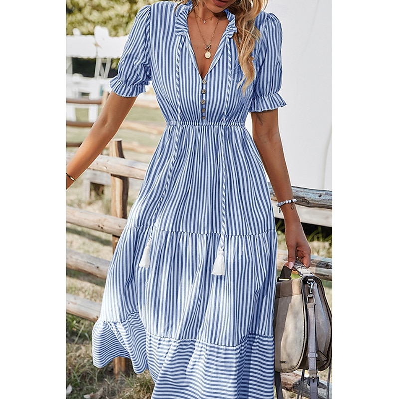 Women's Midi Dress Casual Dress Summer Dress Fashion Classic Outdoor Holiday Date Regular Fit Striped Short Sleeve V Neck Pink Blue Dark Green Khaki Summer2