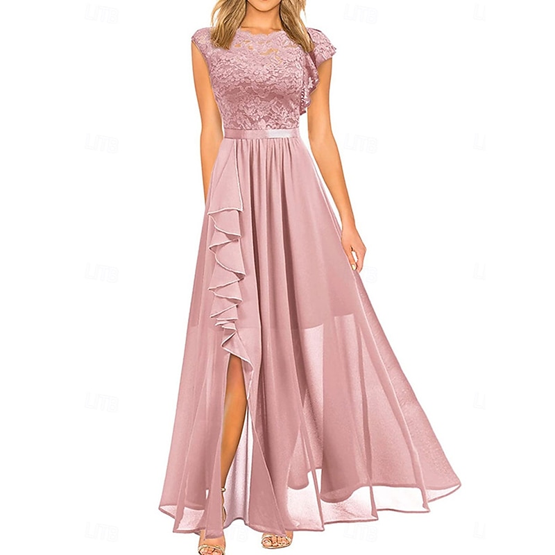 Mother of the Bride Dress Wedding Guest Elegant Casual Jewel Neck Floor Length Polyester Short Sleeve with Lace
