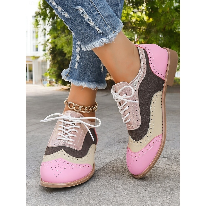 Colorful Pink and Beige Brogue Oxford Sneakers for Women, Casual Lace-Up Shoes with Perforated Detailing, Stylish and Comfortable for Everyday Wear2