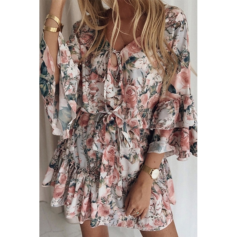 Women's Mini Dress Petite Dress Print Dress Peplum Dresses Fashion Outdoor Daily Holiday Regular Fit Flower 3/4 Length Sleeve V Neck Pink Dusty Rose Blue Summer