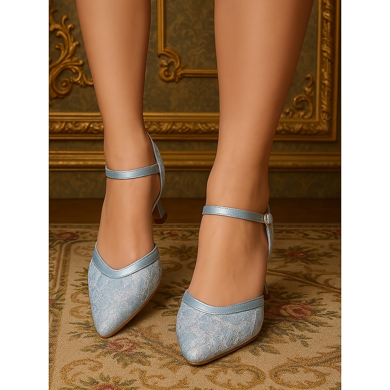 Women's 1950s Lace Ankle Strap Heels – Elegant Pointed Toe Kitten Heel Shoes for Weddings, Parties, and Formal Occasions2