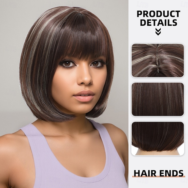 Synthetic Wig kinky Straight Natural Straight Asymmetrical Neat Bang Machine Made Wig 12 inch A1 Synthetic Hair Women's Classic Adorable Comfortable Dark Gray