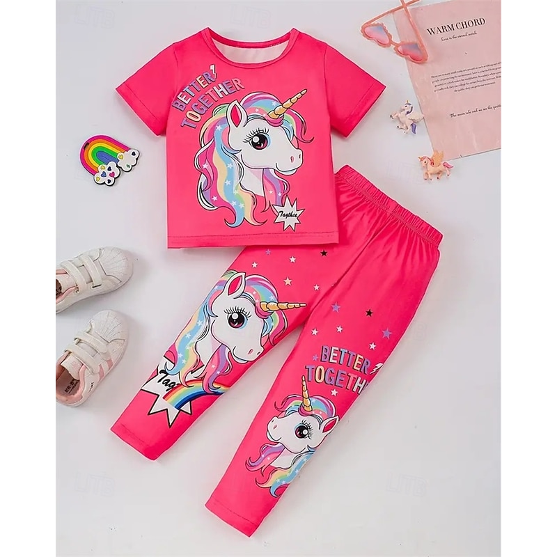 Girls' 3D Unicorn Pajama Sets Tee & Pants Pajama Sets Short Sleeve 3D Print Summer Spring Active Basic Kids 4 years+ Crew Neck Home Daily Regular Fit