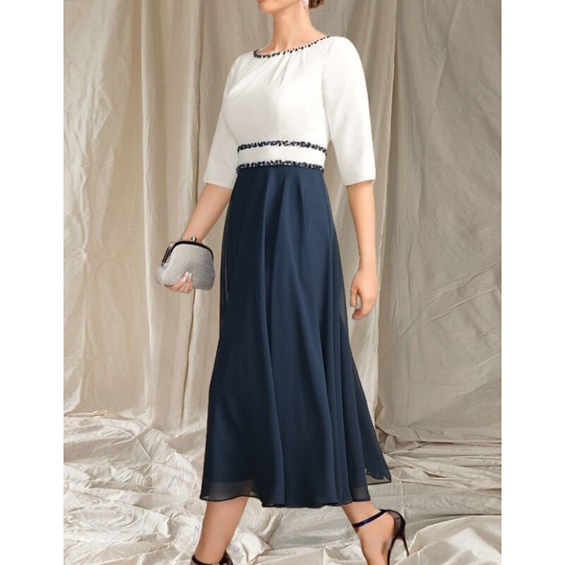 A-Line Mother of the Bride Dress Wedding Guest Elegant Crew Neck Tea Length Chiffon Satin Half Sleeve with Beading Ruching Midi Dress4
