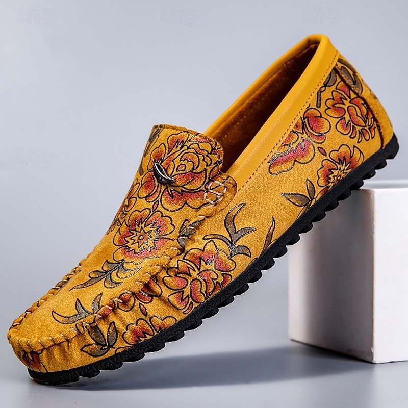 Men's Floral Embroidered Moccasins in Suede Yellow - Stylish Slip-On Shoes Perfect for Casual Outings and Artistic Events