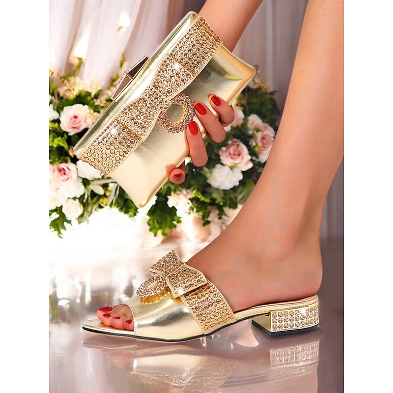 Gold Rhinestone Bow Flat Sandals with Matching Clutch – Luxurious Wedding & Evening Shoes for Women