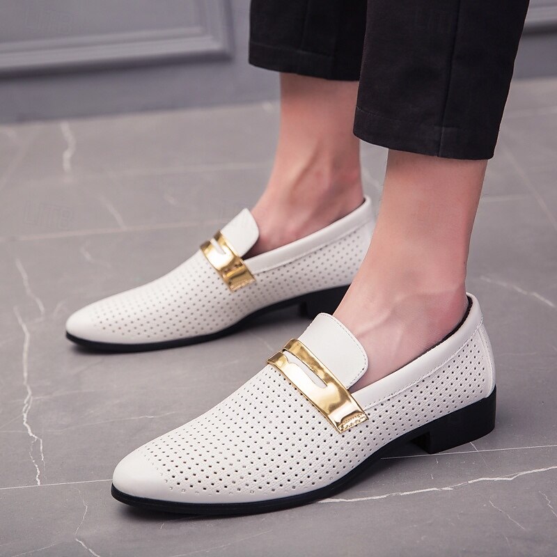 Men's Prom Shoes - Ivory Perforated Faux Leather Loafers with Gold Buckle Detail for Formal Occasions4