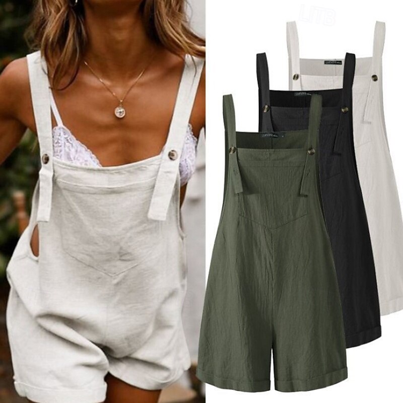 Women's Normal Linen-Inspired Pants Casual Solid Color Sleeveless U Neck Buttons Daily Going out Regular Fit Black Blue Fuchsia Summer